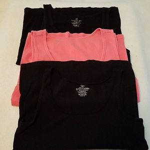 3 Faded Glory tank tops in black and coral.